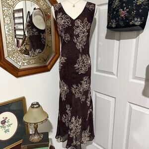VTG 90s Newport News Dark Brown Floral Dotted Sleeveless Boho Fairy Midi Dress L